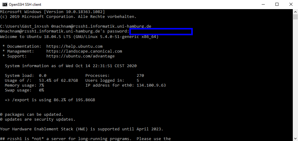 Screenshot of Command Prompt while starting connection to iRZ
